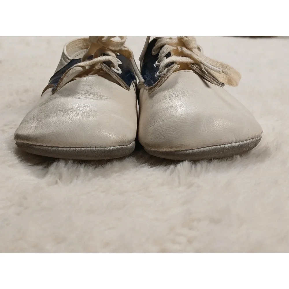 Vtg‎ Mrs. Day's Ideal Baby Shoe White & Navy Soft Leather Shoes Infant  Wearable